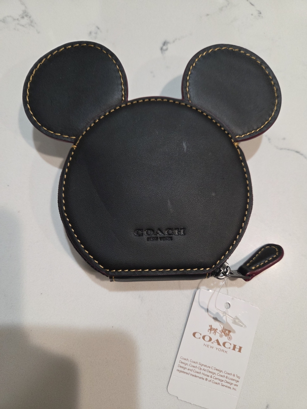 Coach X Disney New Black Leather Mickey Ear Coin Case with Yellow Stitching